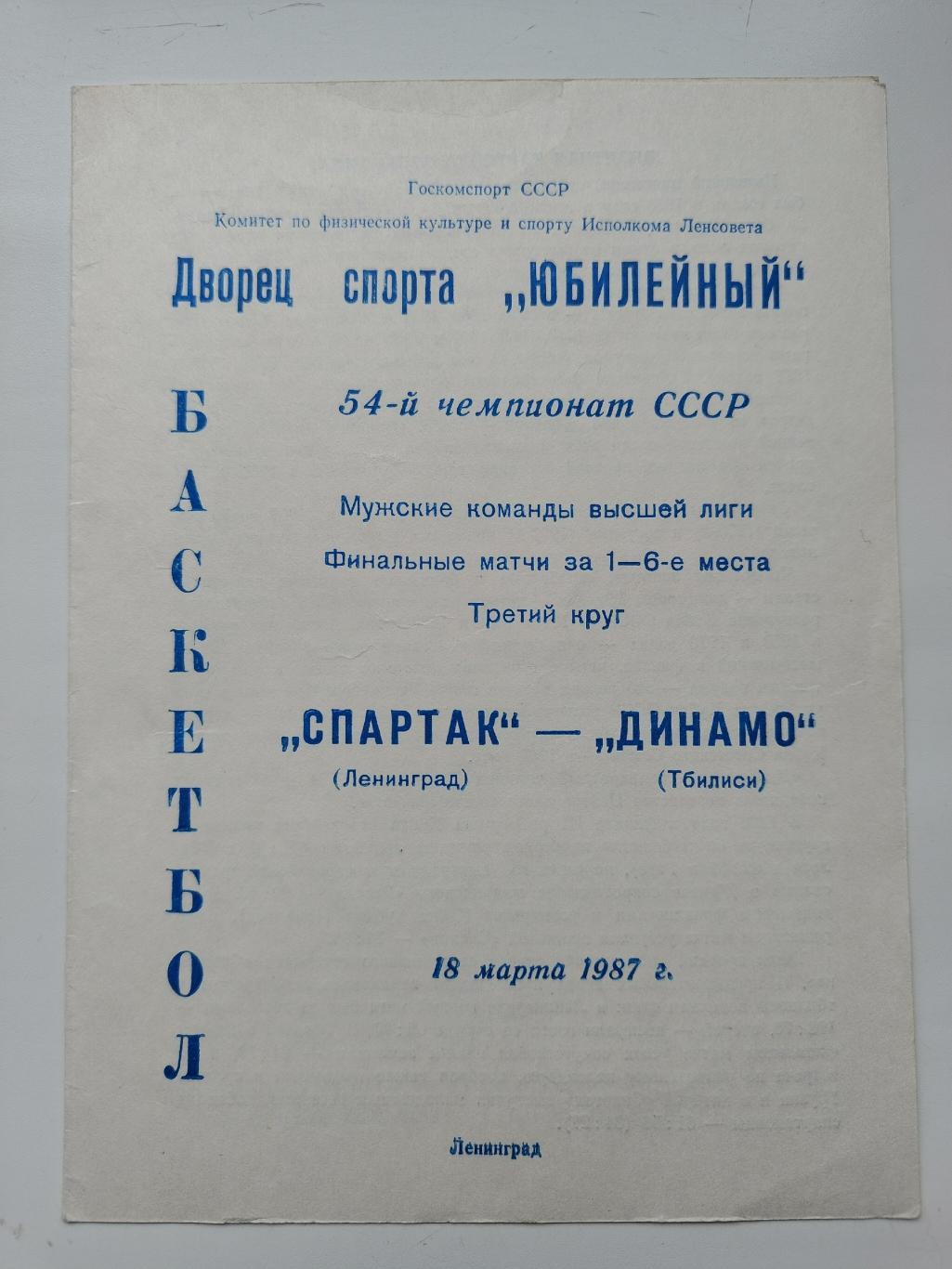 Баскетбол. Спартак Ленинград - Динамо Тбилиси 18 марта 1987