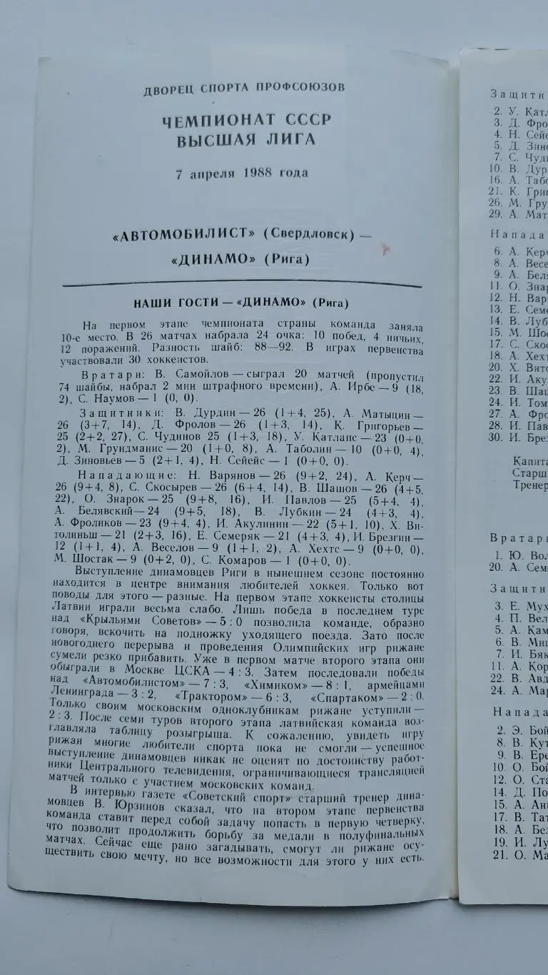 Автомобилист Свердловск - Динамо Рига 7 апреля 1988 1
