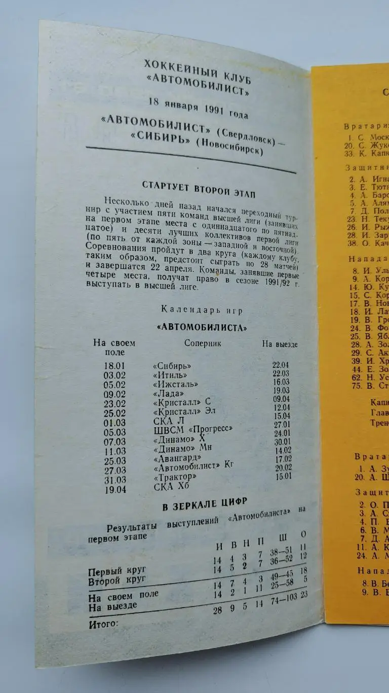 Автомобилист Свердловск - Сибирь Новосибирск 18 января 1991 1