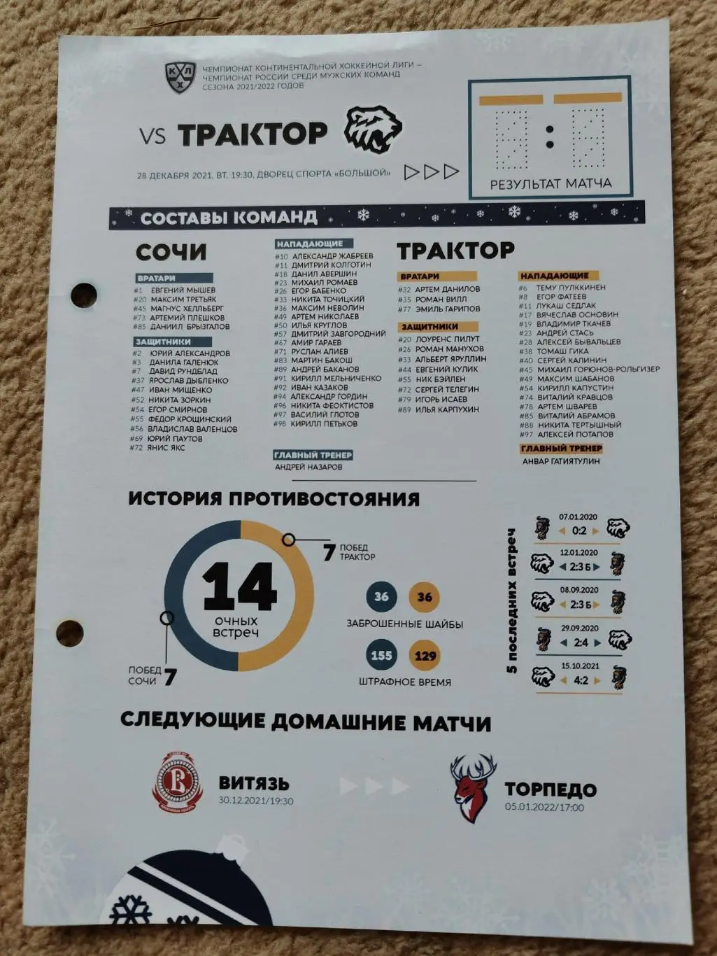 ХК Сочи - Трактор Челябинск 28 декабря 2021