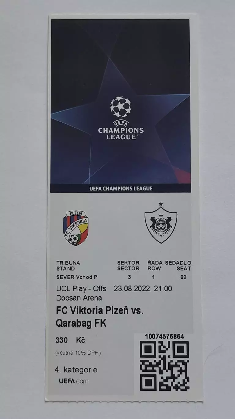 Билет. Виктория Пльзень Чехия - Карабах Азербайджан 2022 Лига Чемпионов