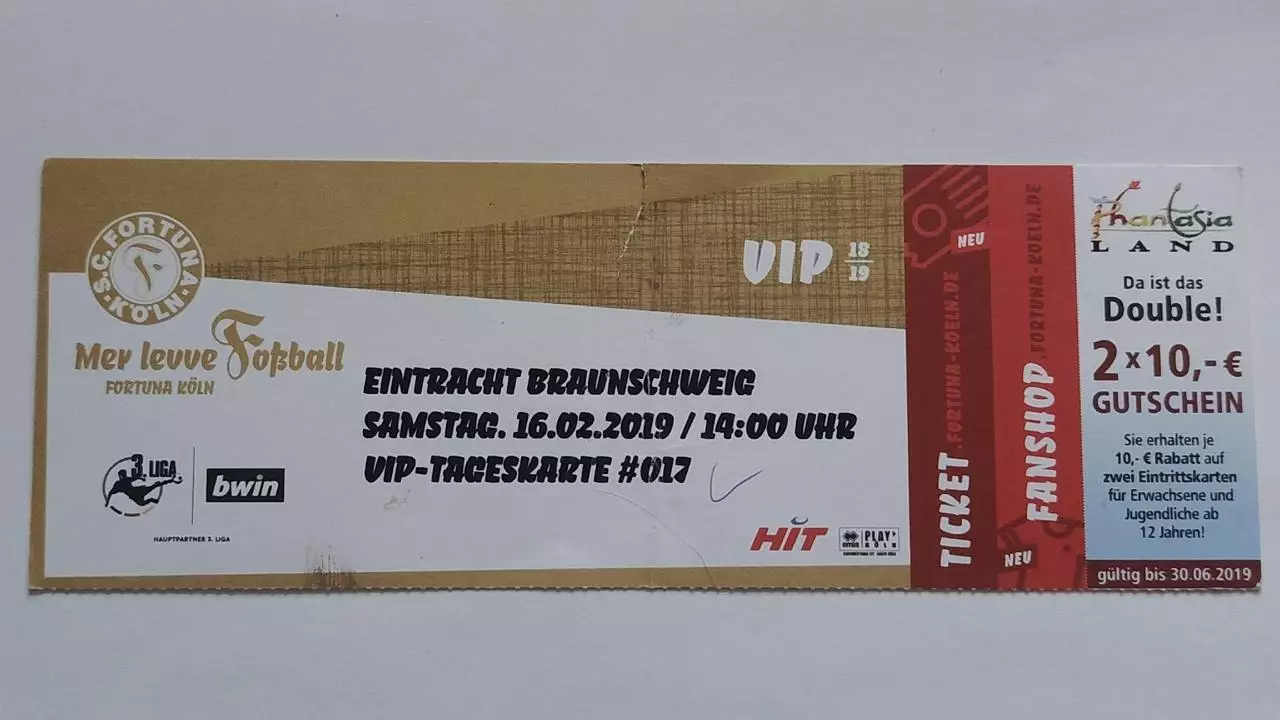 Билет. Фортуна Кельн Германия - Айнтрахт Брауншвейг Германия 16 февраля 2019 VIP