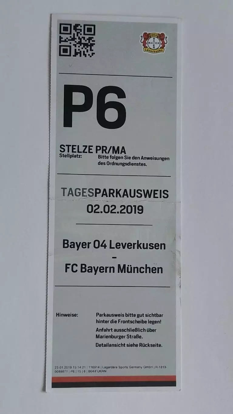 Билет. Байер-04 Леверкузен Германия - Бавария Мюнхен Германия 2 февраля 2019