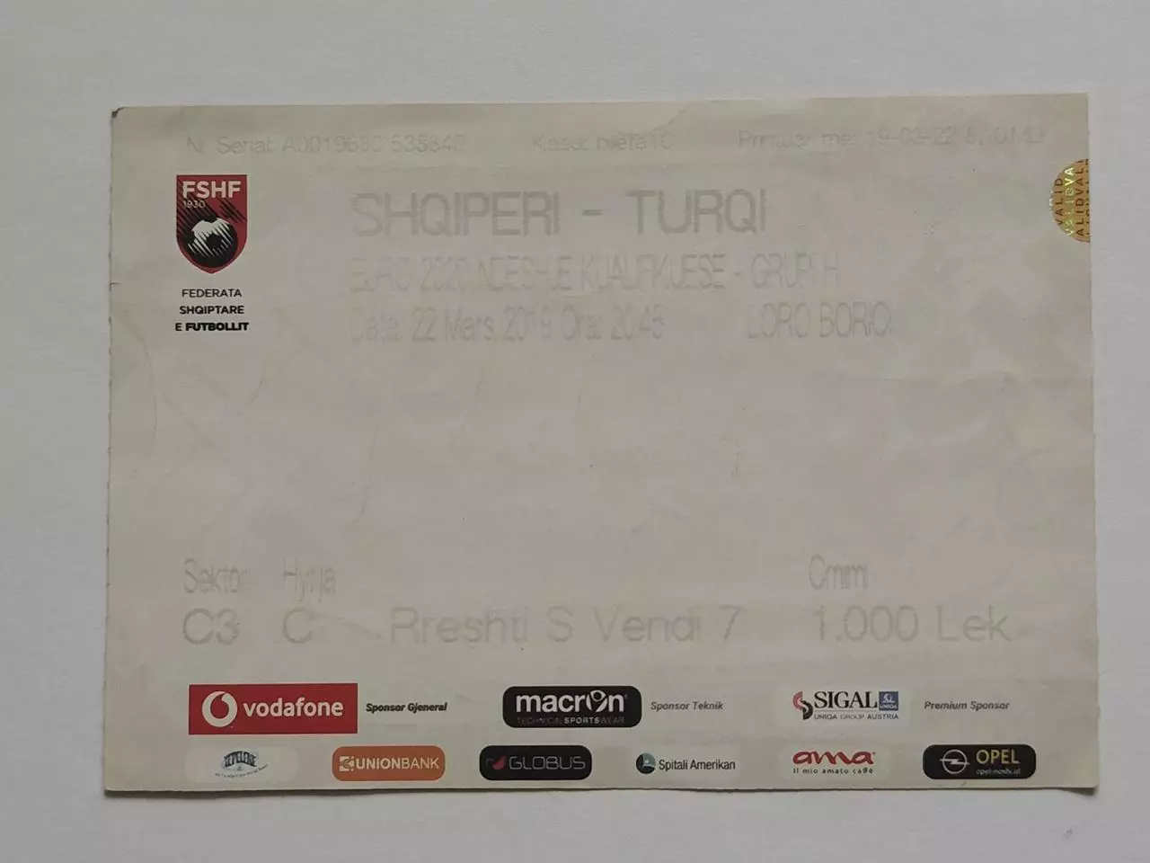 Билет. Албания – Турция/Albania - Turkey 22 марта 2019 отбор.ЧЕ