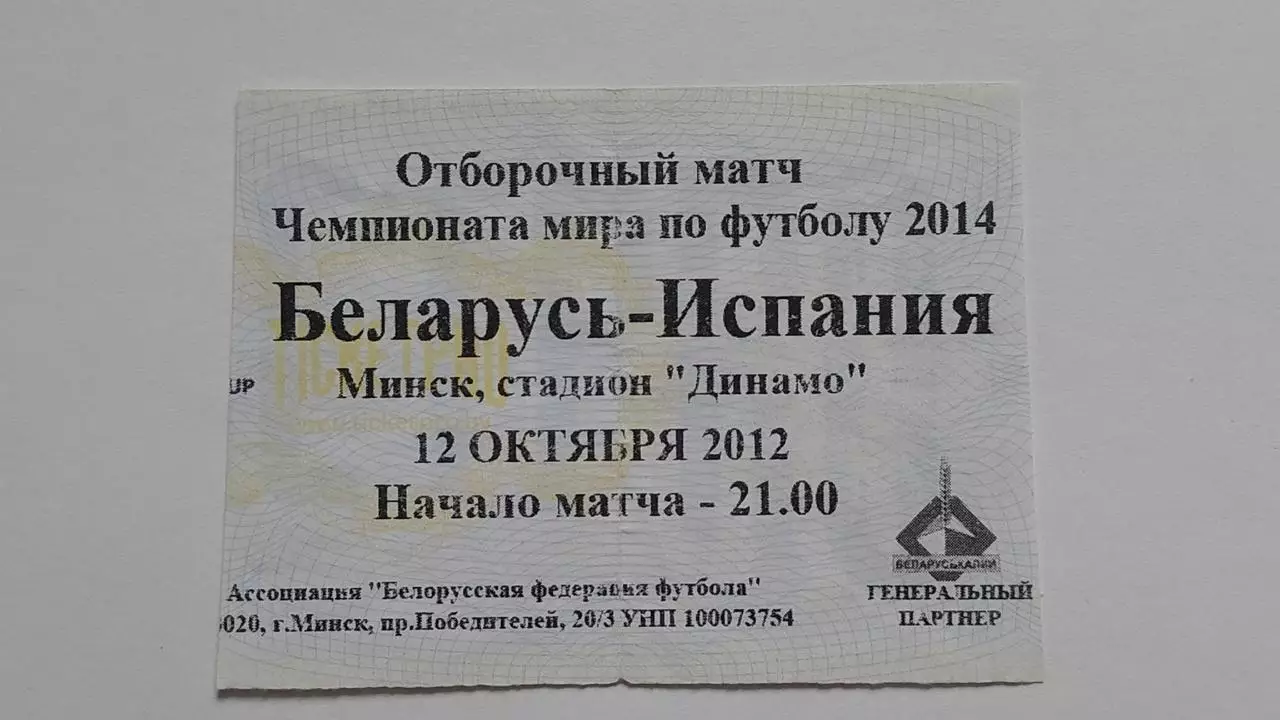 Билет. Минск. Беларусь - Испания 2012 отбор.ЧМ