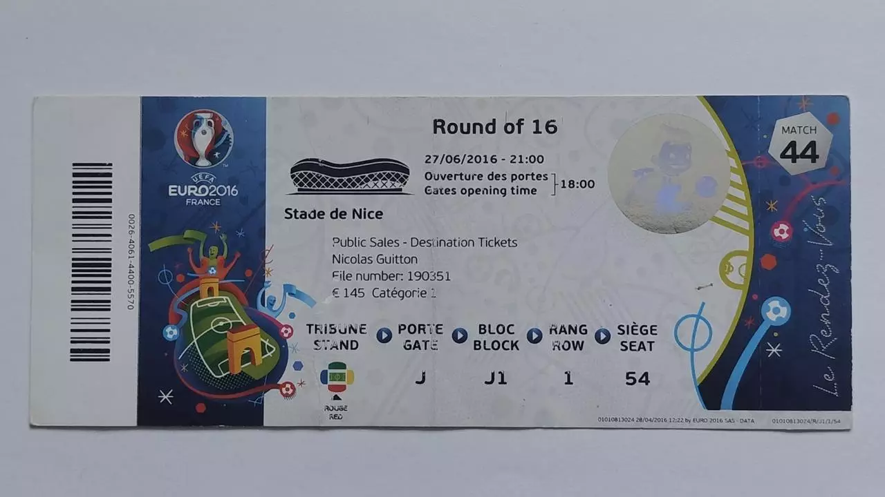 Билет. Ницца/Франция Англия - Исландия 2016 1/8 ЕВРО Чемпионат Европы