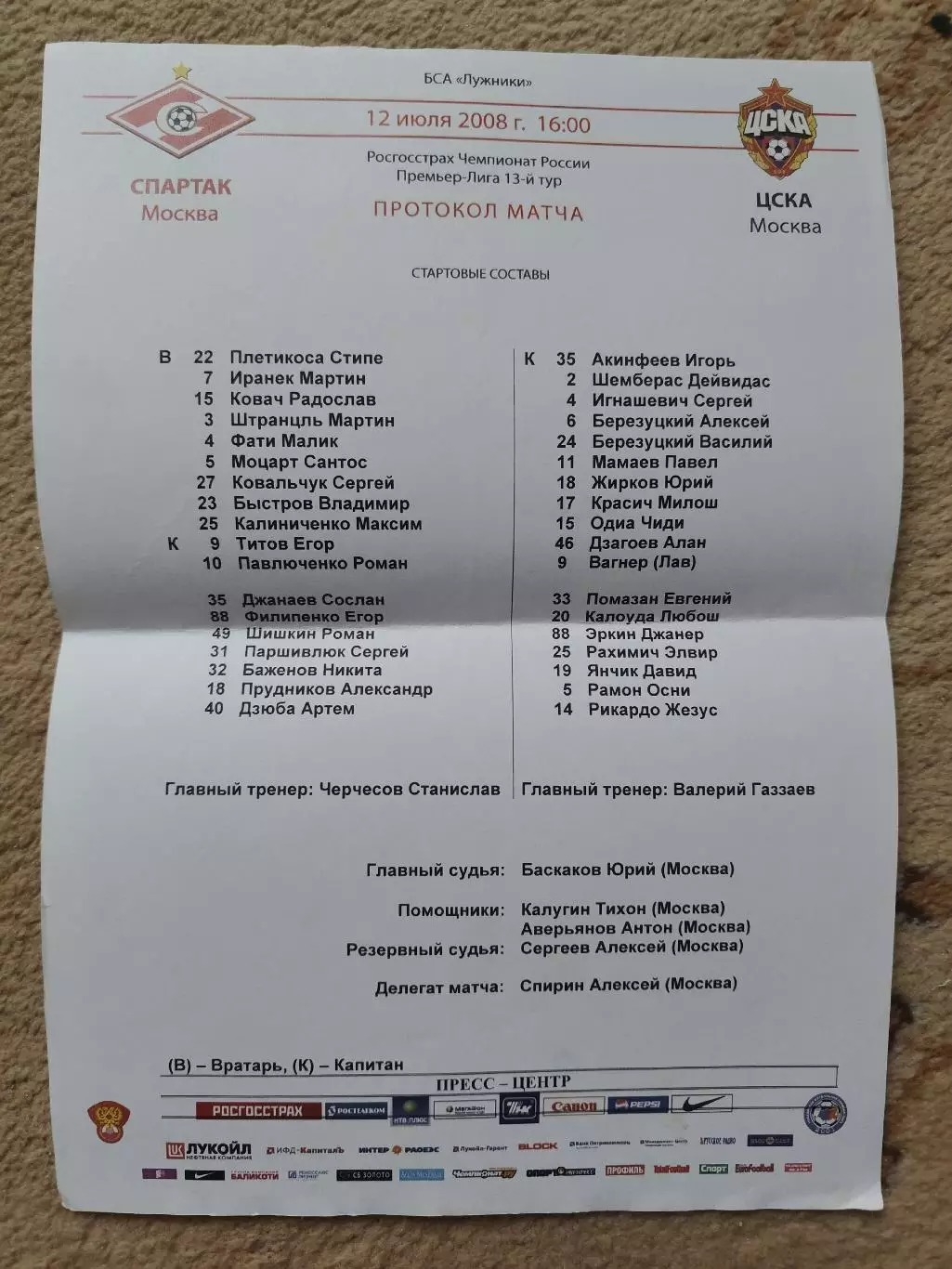Спартак Москва - ЦСКА Москва 2008 + протокол и стартлист 2