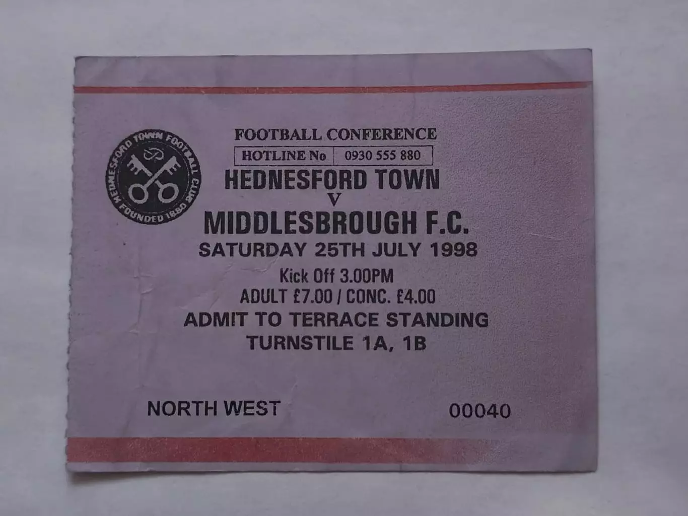 Билет. Англия Хеднесфорд Таун - Миддлсбро 25 июля 1998