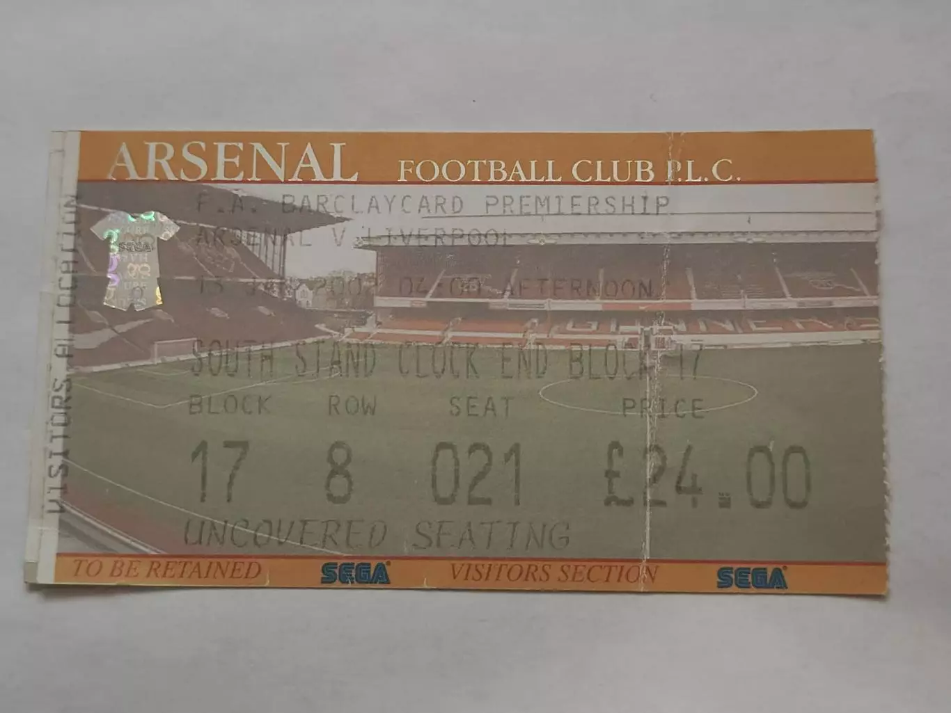 Билет. Англия Арсенал Лондон - Ливерпуль 13 января 2002