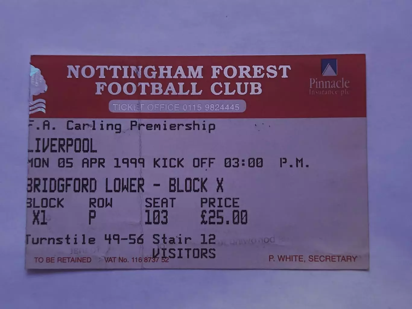 Билет. Англия Ноттингем Форест - Ливерпуль 5 апреля 1999