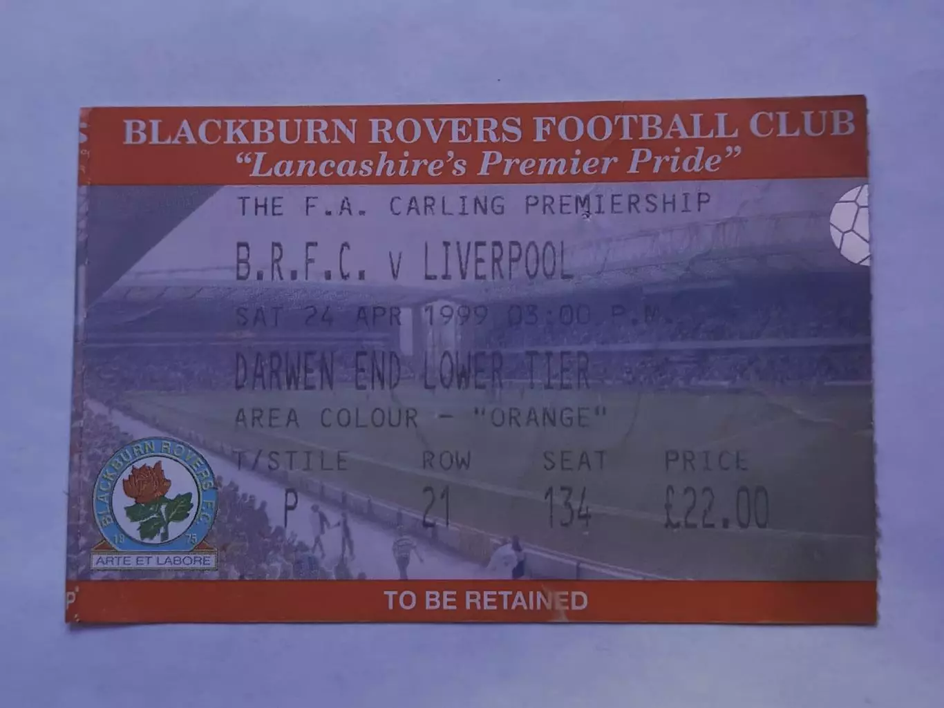 Билет. Англия Блекберн Роверс - Ливерпуль 24 апреля 1999