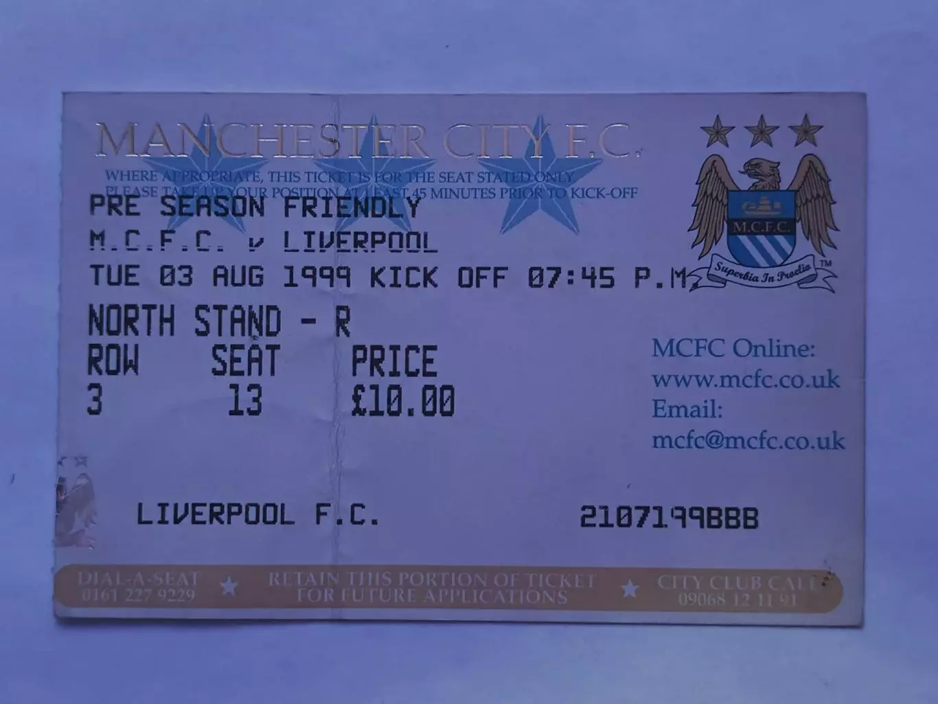 Билет. Англия Манчестер Сити - Ливерпуль 3 августа 1999