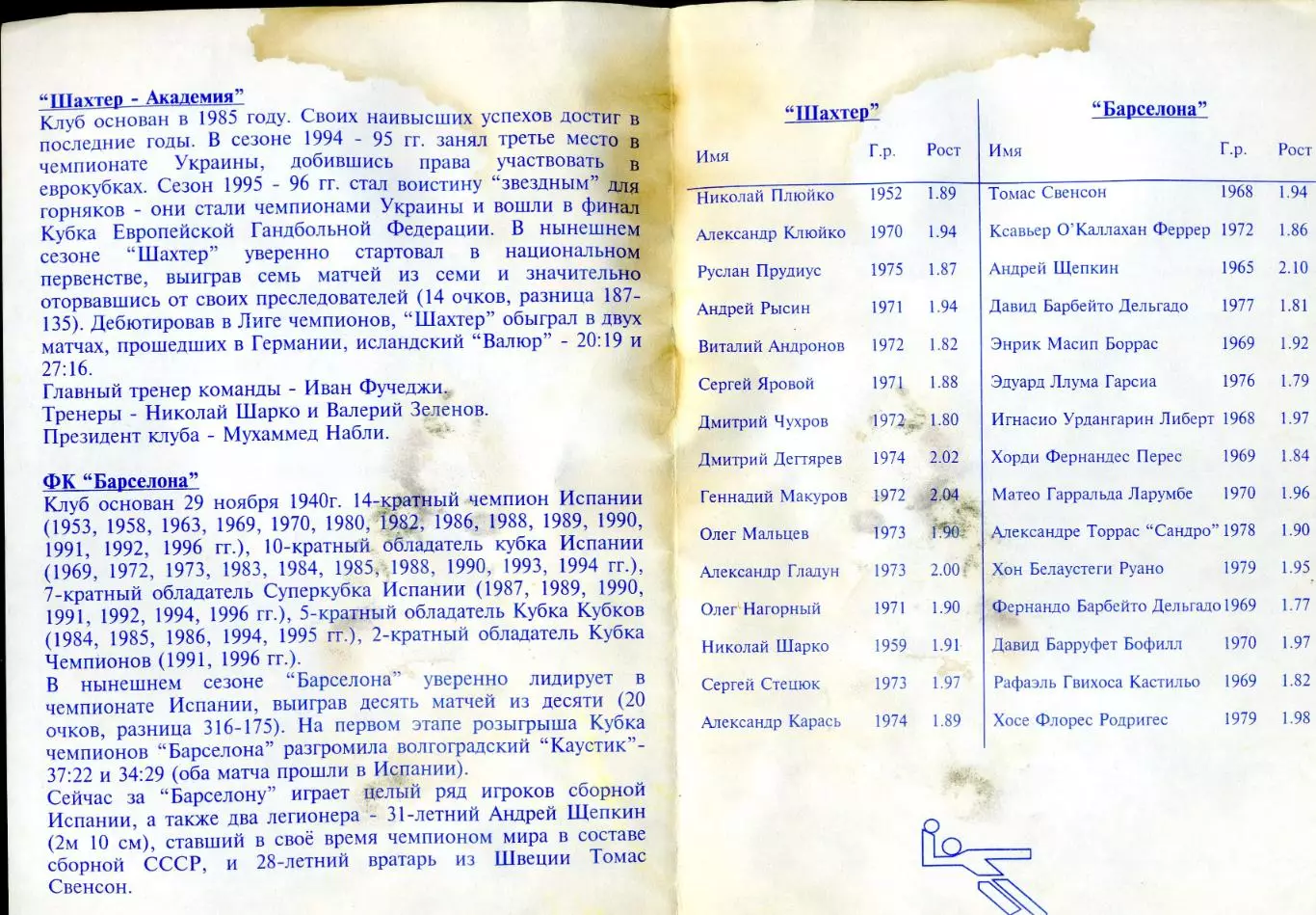 Шахтер-Академия Донецк - Барселона Испания 1996 - Гандбол - Лига Чемпионов ЕГФ 2