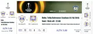 Билет Карабах Азербайджан - Андерлехт Бельгия Anderlecht Belgium 2015 - Идеал