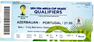 Билет Азербайджан - Португалия 2013 Azerbaijan Portugal