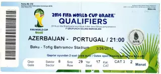 Билет Азербайджан - Португалия 2013 - Azerbaijan Portugal