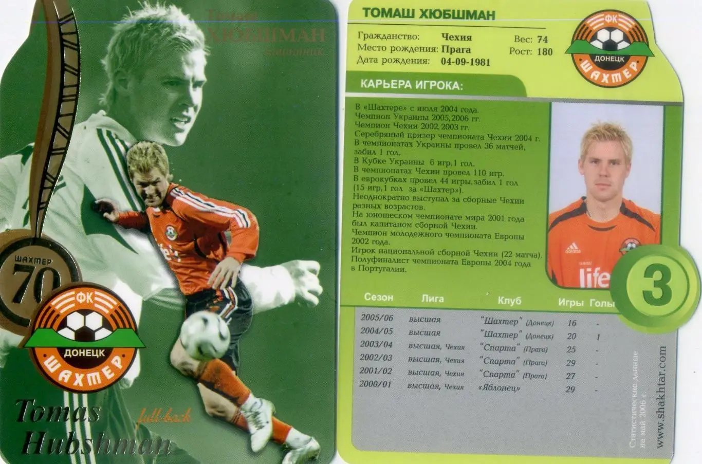 Карточка Шахтер Донецк 2006 - Томаш Хюбшман