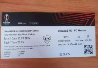 Билет Карабах Азербайджан - Нант Франция FC Nantes France 15.09.2022 Лига Европы