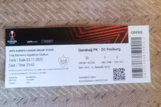 Билет Карабах Азербайджан - Фрайбург Германия Freiburg Germany -3.11.2022