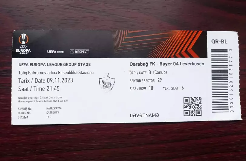 Билет Карабах Азербайджан - Байер Леверкузен Германия - Bayer 04 Leverkusen 2023
