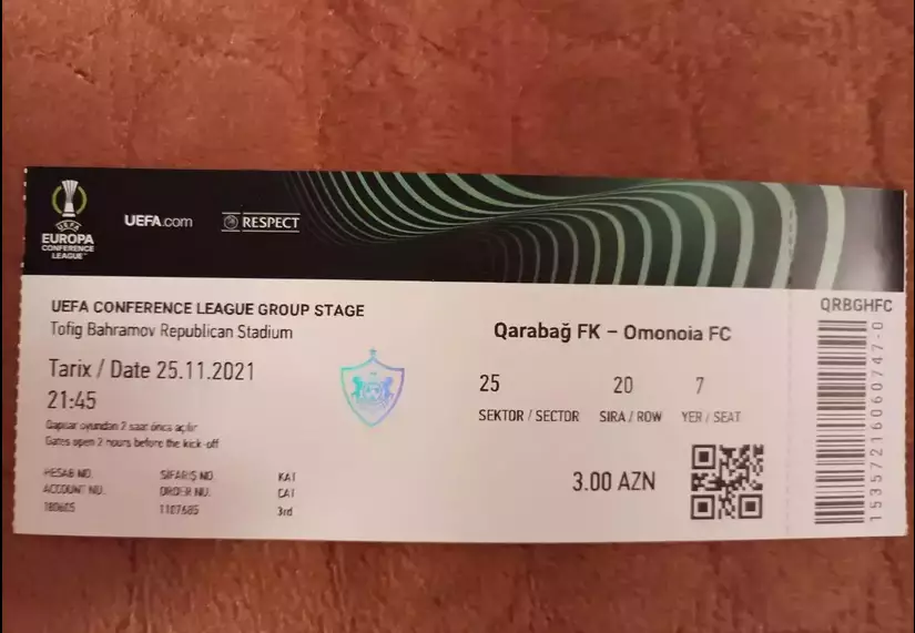 Билет Карабах Азербайджан - Омония Никосия Кипр 2021 Omonia Nicosia Cyprus ИДЕАЛ