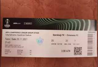 Билет Карабах Азербайджан - Омония Никосия Кипр 2021 Omonia Nicosia Cyprus ИДЕАЛ