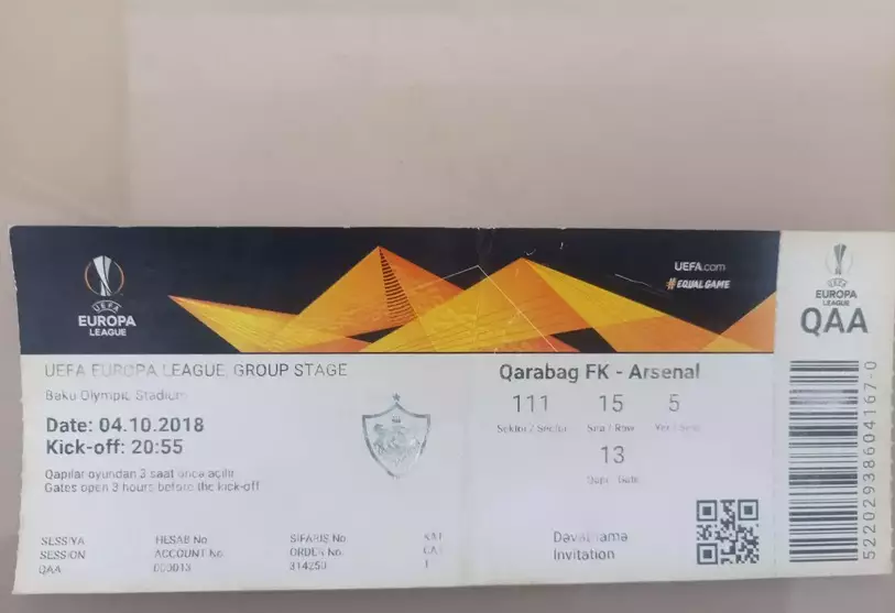 Билет Карабах Азербайджан - Арсенал Лондон Arsenal London 4.10.2018 Лига Европы