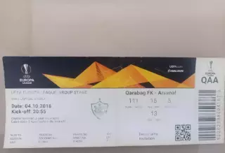 Билет Карабах Азербайджан - Арсенал Лондон Arsenal London 4.10.2018 Лига Европы