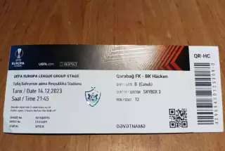 Билет Карабах Азербайджан - Хеккен Гетеборг Швеция Hacken Sweden -14.12.2023