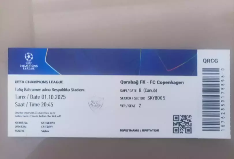 Билет Карабах Азербайджан - Копенгаген Дания Copenhagen Denmark - 1.10.2025