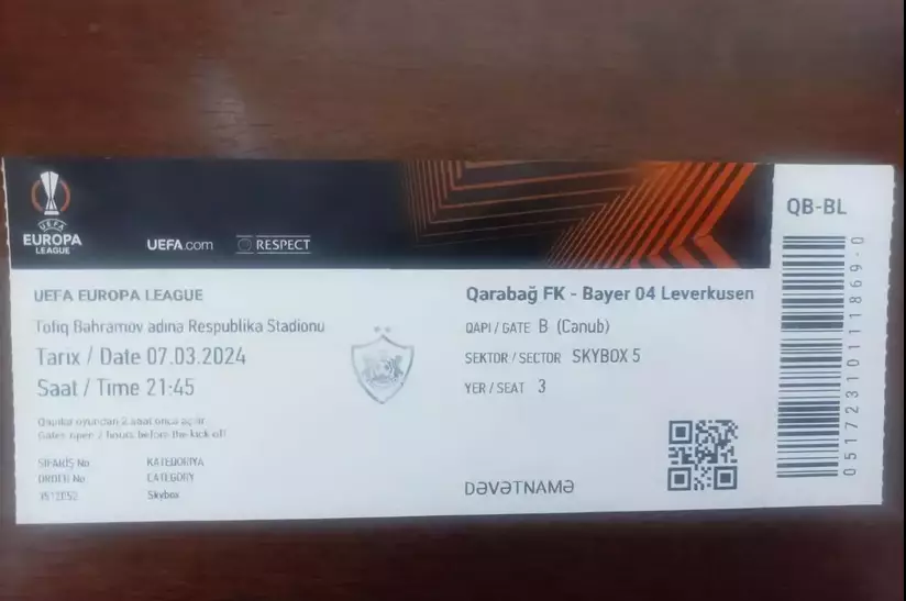 Билет Карабах Азербайджан - Байер Леверкузен Германия Bayer 04 Leverkusen 2024