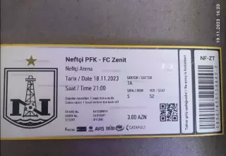 Билет Нефтчи Баку Азербайджан v Зенит Санкт-Петербург 18.11.2023-ИДЕАЛ