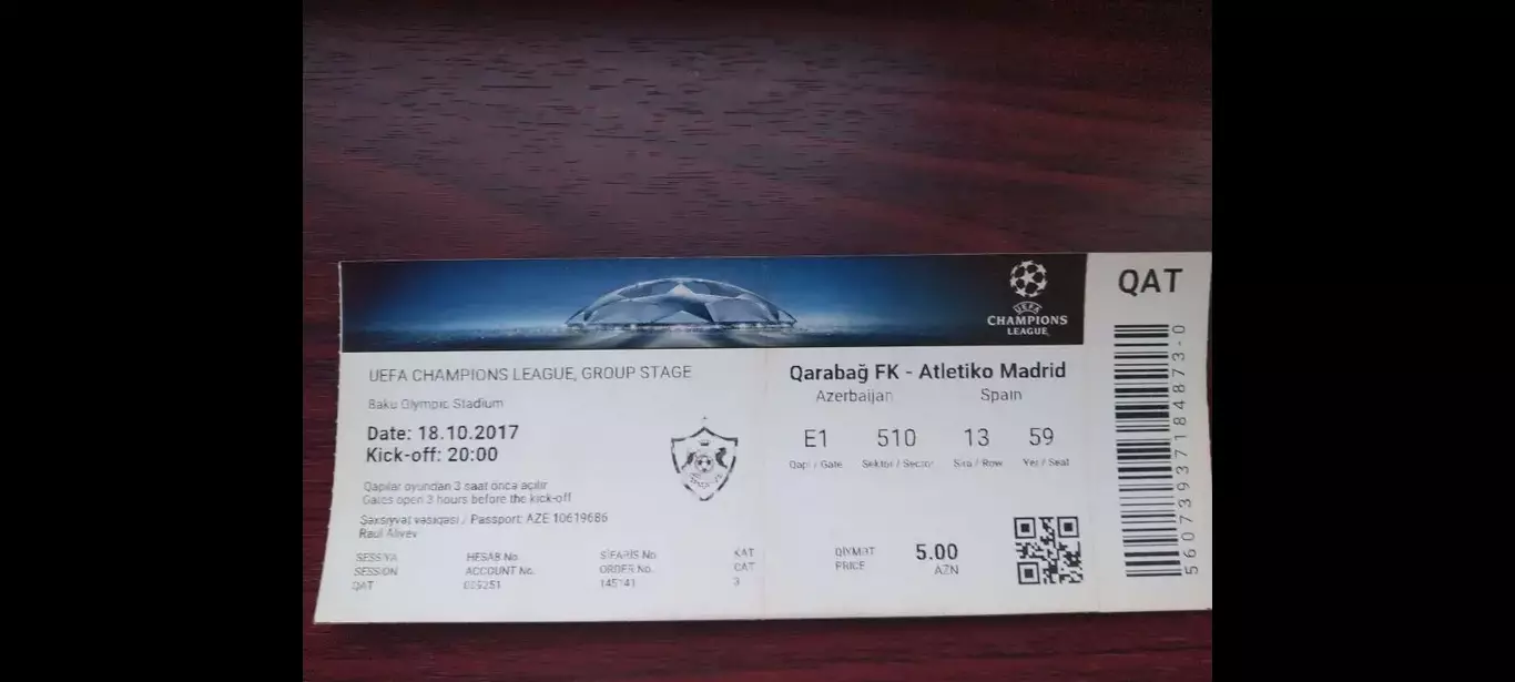 Билет Карабах Азербайджан - Атлетико Мадрид Испания 2017