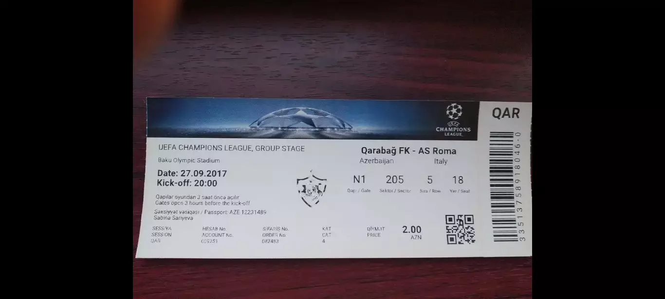 Билет Карабах Азербайджан - Рома Рим Италия 2017