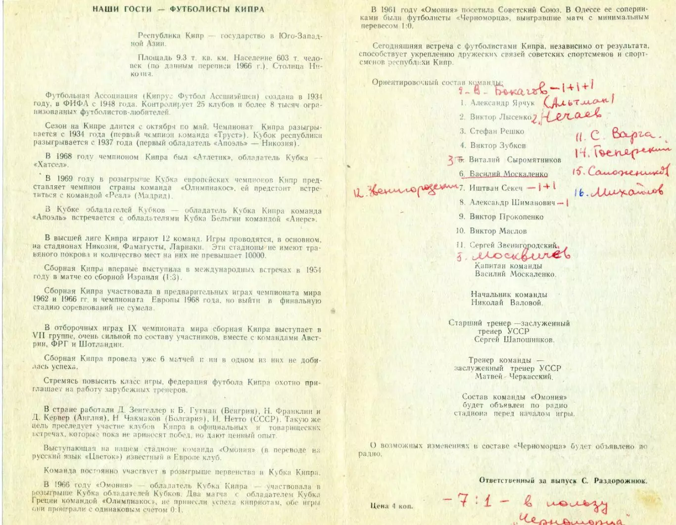 Черноморец Одесса СССР - Омония Никозия Никосия Кипр - 25.07.1969 1