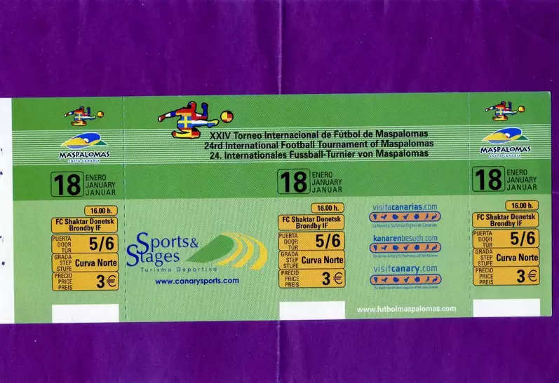 Билет Шахтер Донецк - Брондбю Дания 2007 - Маспаломас Испания - Идеал