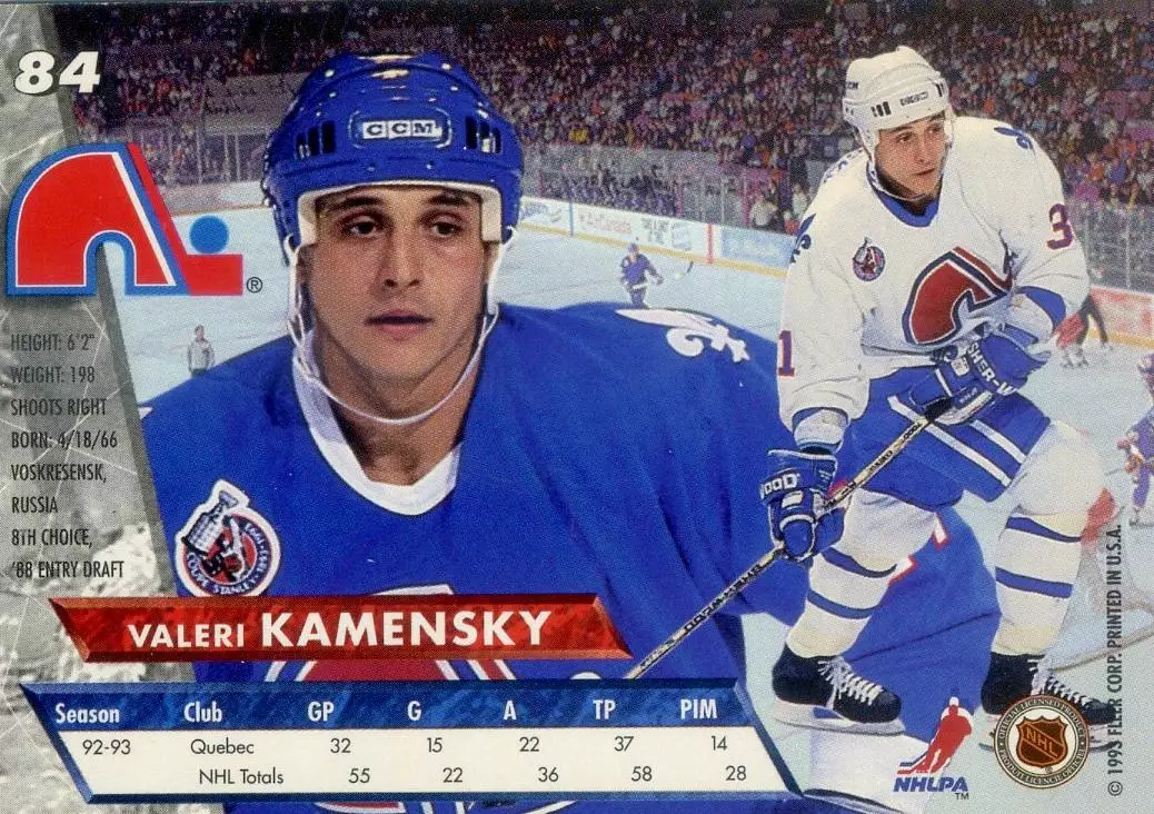 FLEER Ultra NHL 1993-1994-Валерий Каменский-Квебек-Химик Воскресенск-ЦСКА Москва 1