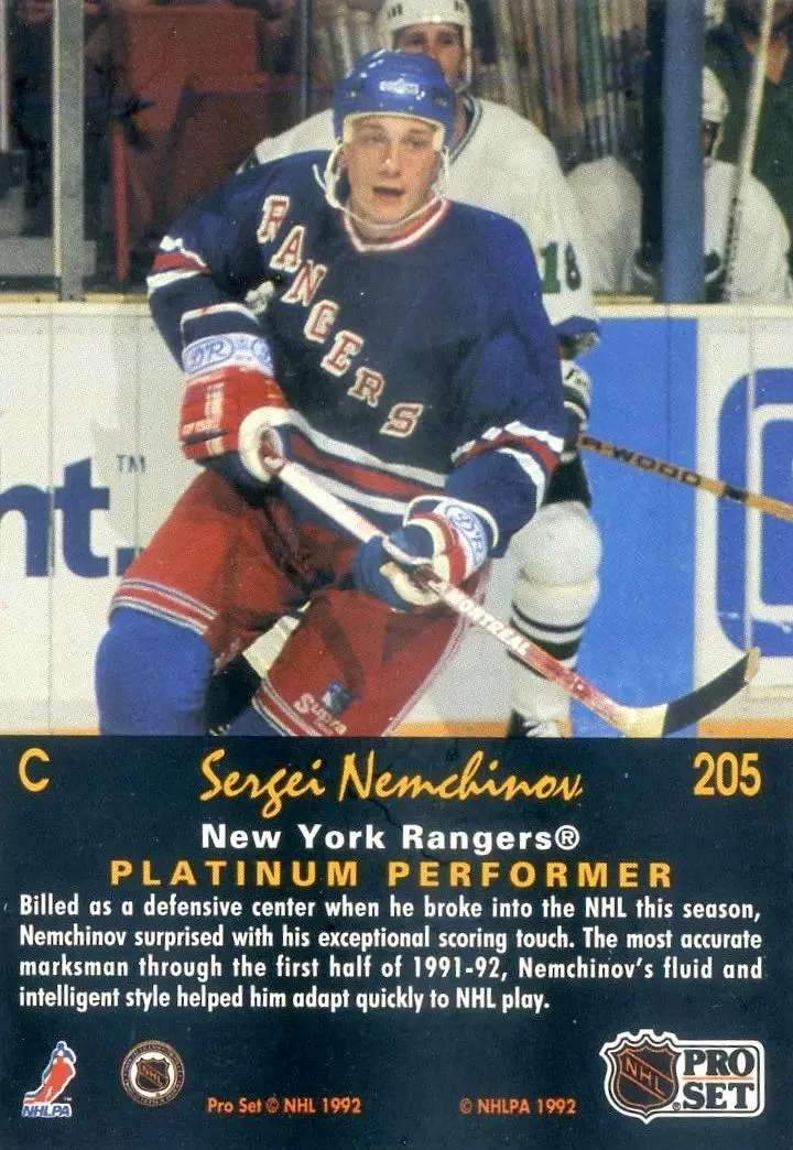 PRO SET Hockey 1991-1992 Platinum-Сергей Немчинов-Рейнджерс-ЦСКА Крылья Советов 1