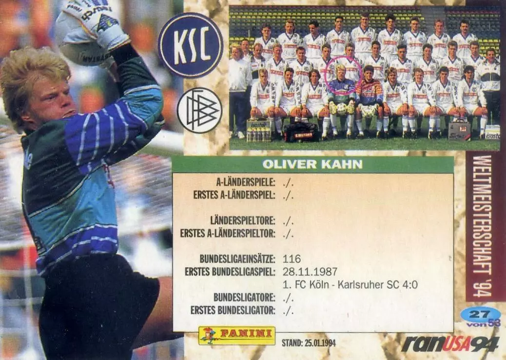 Карточка Оливер Кан Oliver Kahn Бавария Германия Карлсруэ Karlsruher Panini 1994 1