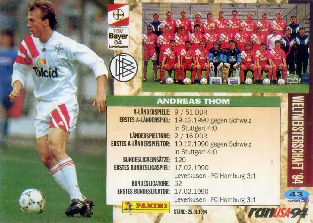 Карточка Андреас Том Andreas Thom ГДР Германия DDR Байер Bayer Panini 1994 1