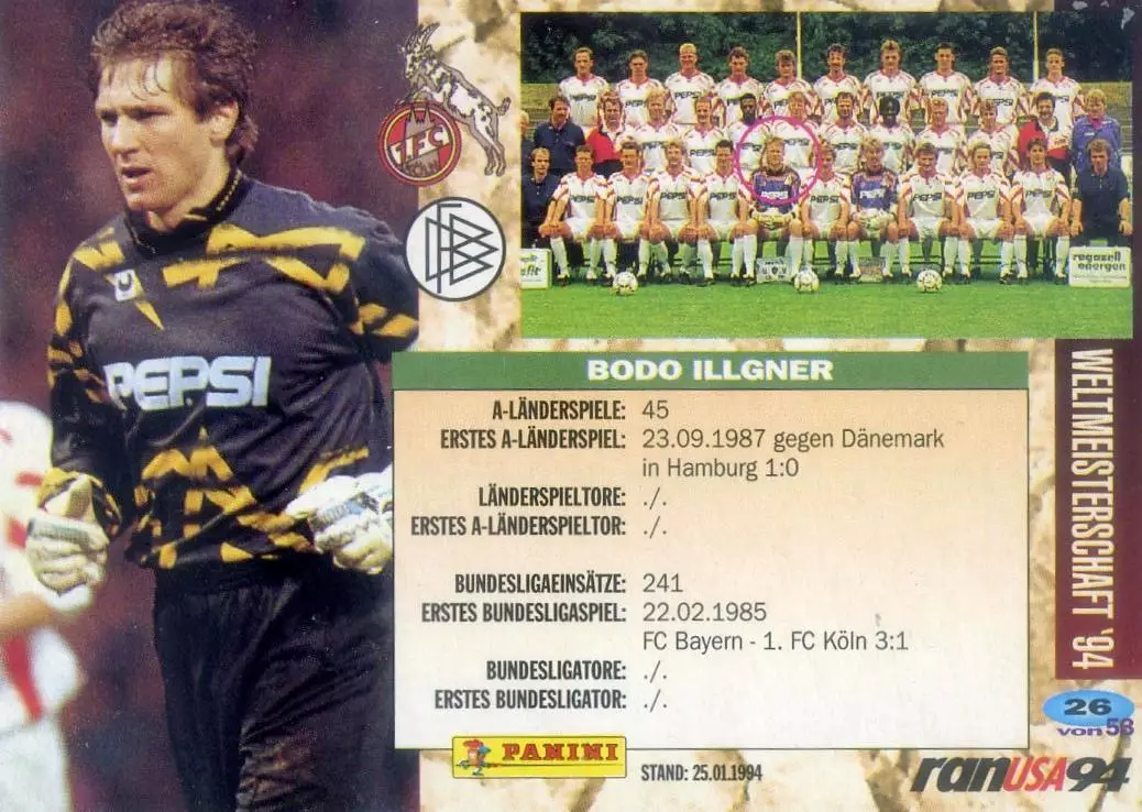 Карточка Бодо Илльгнер Bodo Illgner Кельн Германия Реал Мадрид Real Panini 1994 1