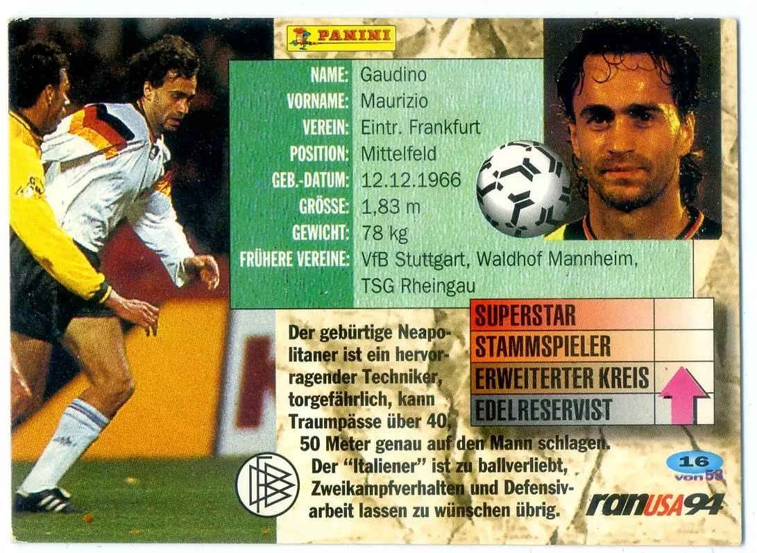 Карточка Маурицио Гаудино Maurizio Gaudino Айнтрахт Франкфурт Panini 1994 1