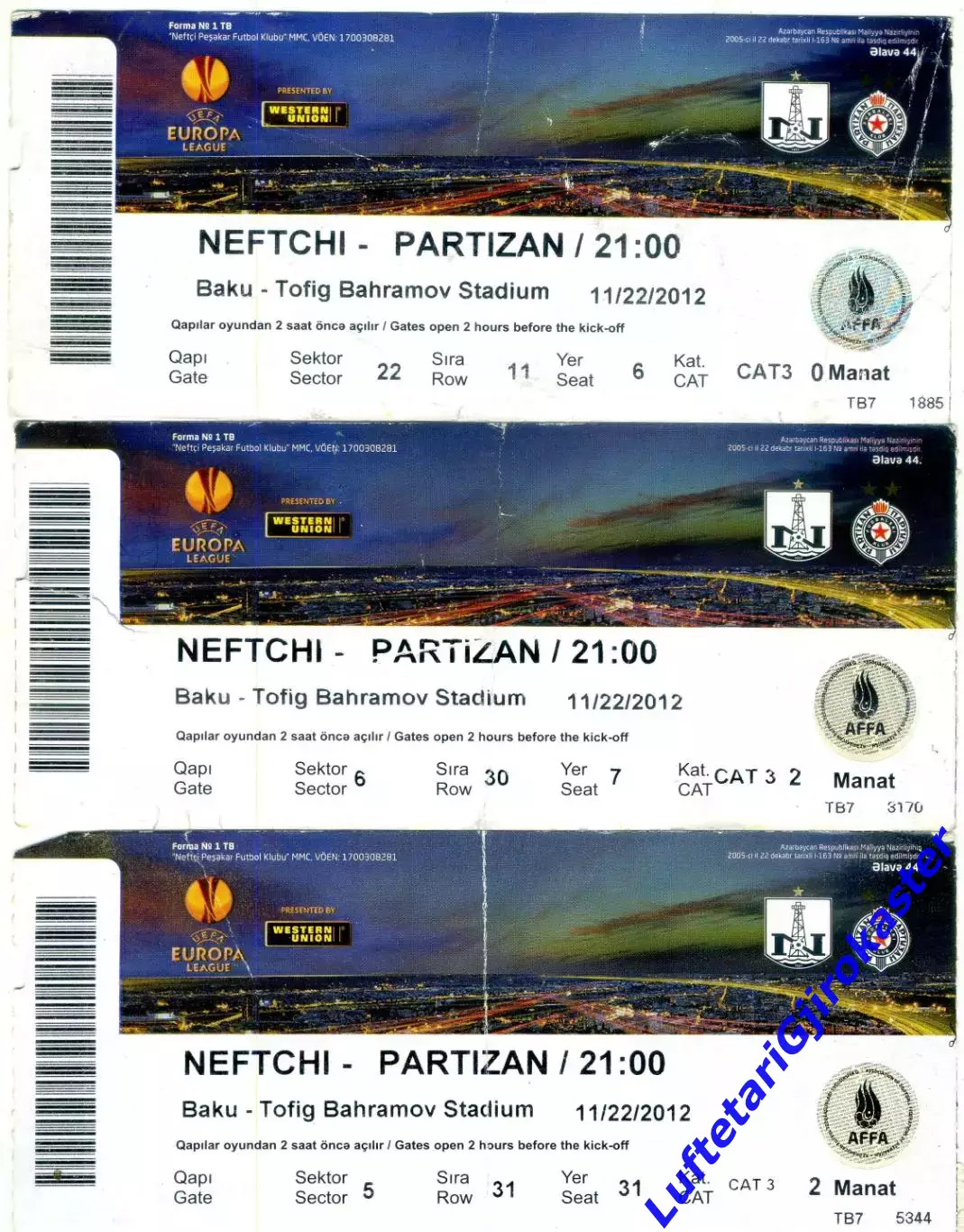 Нефтчи Баку Азербайджан - Партизан Сербия 2012 Partizan - программа + 10 билетов 2