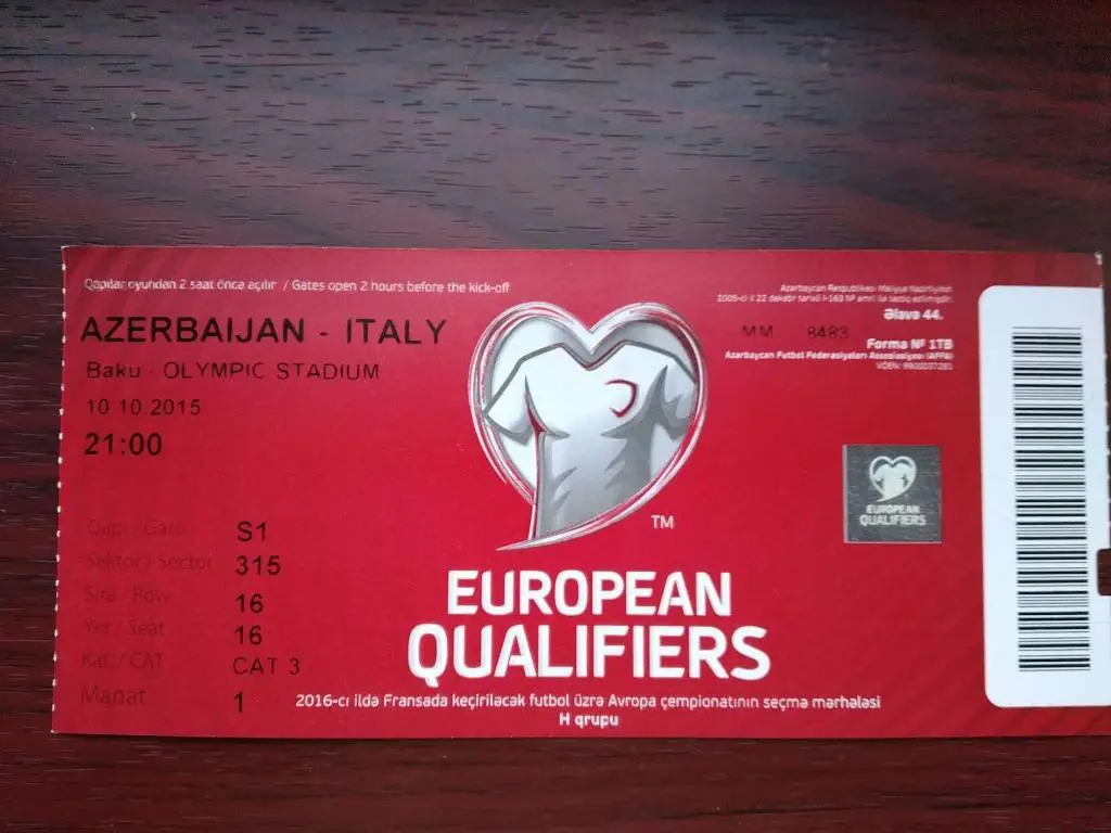 Билет Азербайджан - Италия 10.10.2015 - Идеал