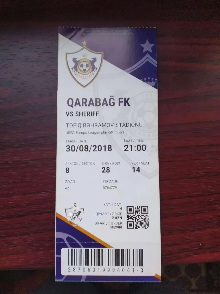 Билет Карабах Азербайджан - Шериф Тирасполь Молдова 2018