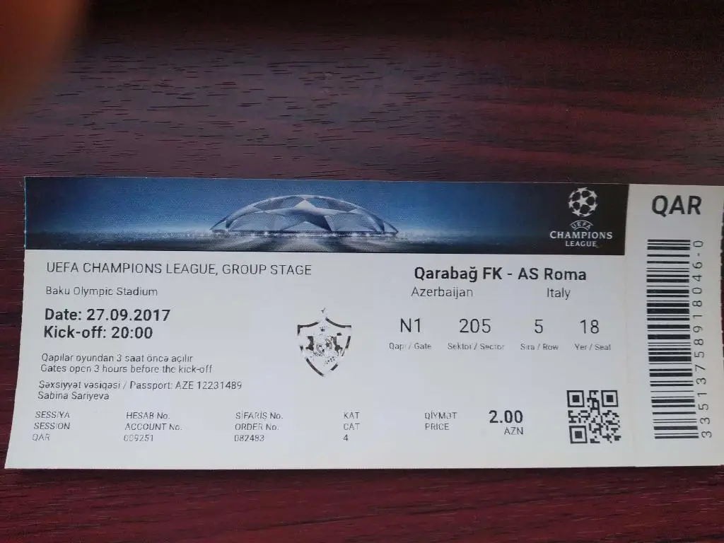 Билет Карабах Азербайджан - Рома Рим Италия 2017