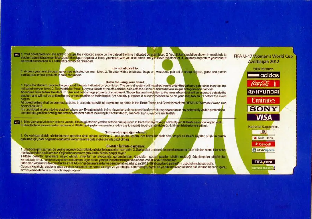 Билет Чемпионат мира 2012 (девушки U-17) Финал Франция - КНДР + Гана - Германия 2