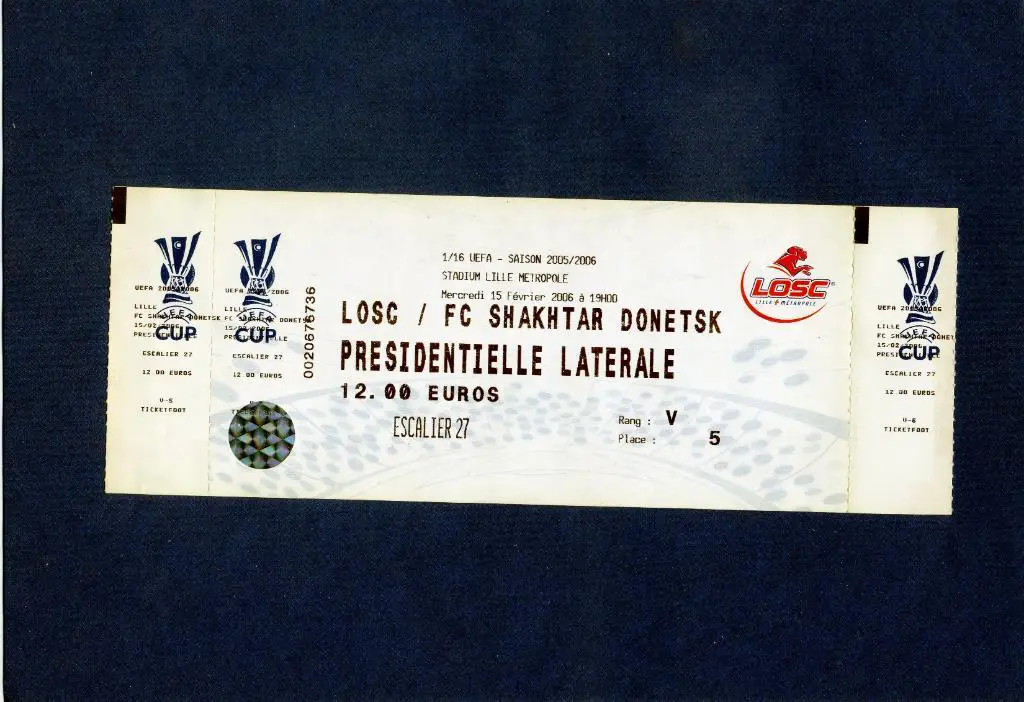 Билет Лилль Франция - Шахтер Донецк 2006 1