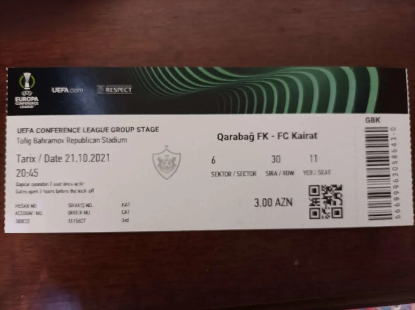 Билет Карабах Азербайджан - Кайрат Алматы Казахстан 2021 - Лига Конференций УЕФА