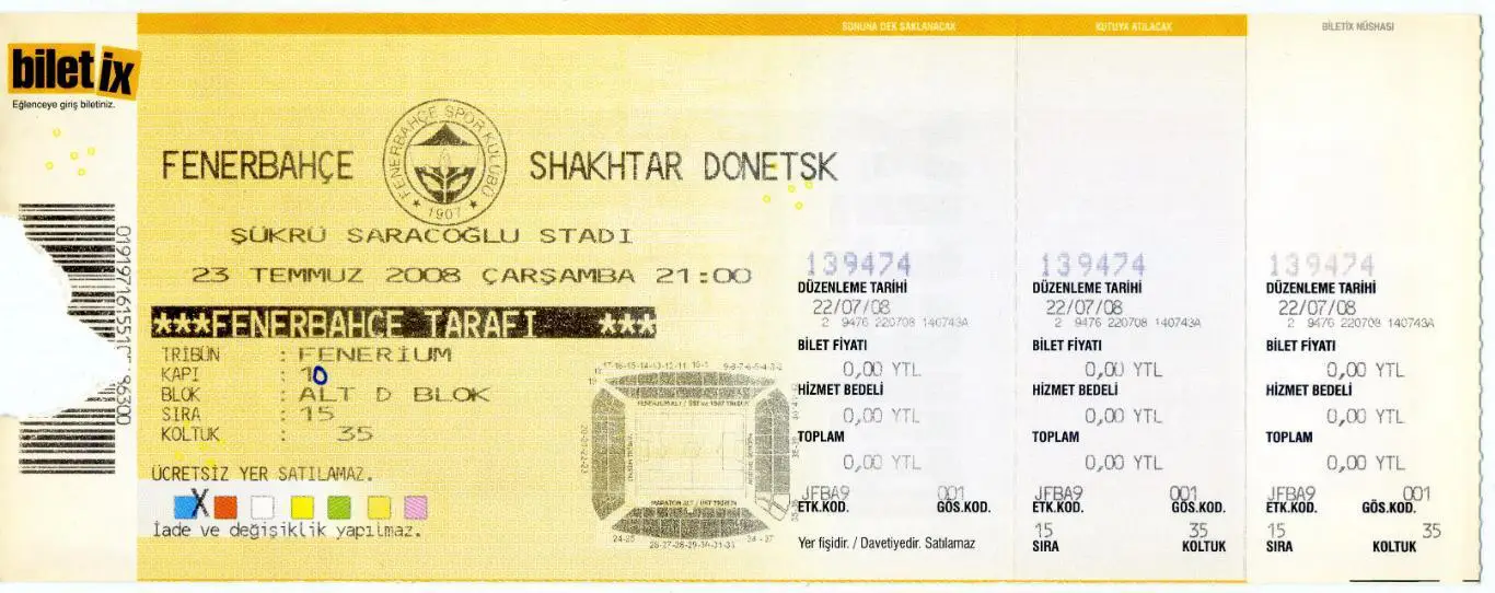 Билет Фенербахче Турция - Шахтер Донецк 2008 1